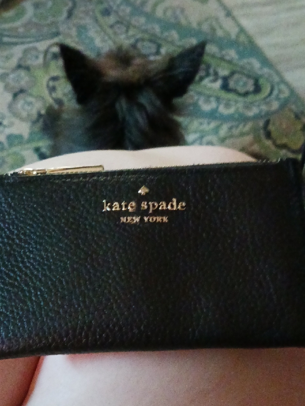 kate Spade Black and Leather Zip Card Wallet With Pink Dust Bag
